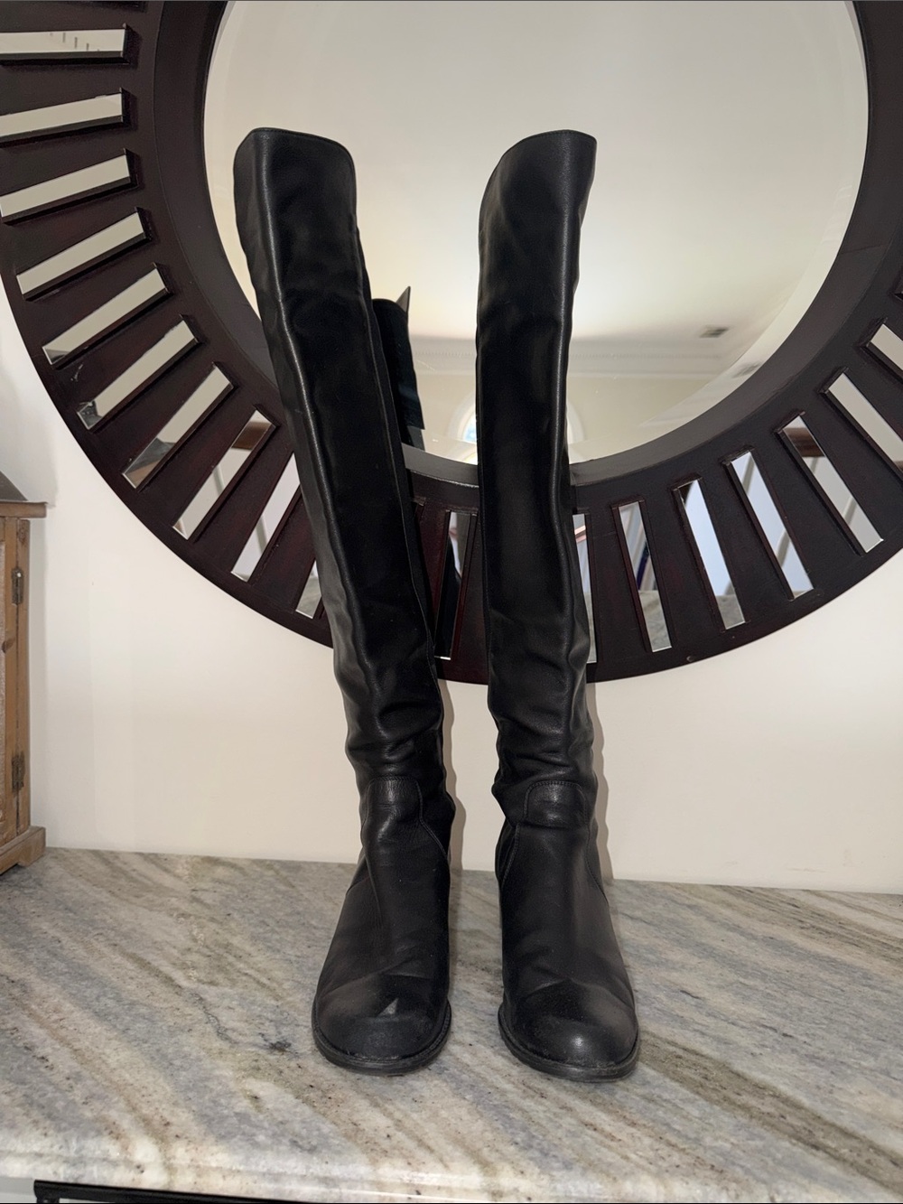 Stuart Weitzman Signature 5050 Lift Leather + Stretch over the Knee Black Boots